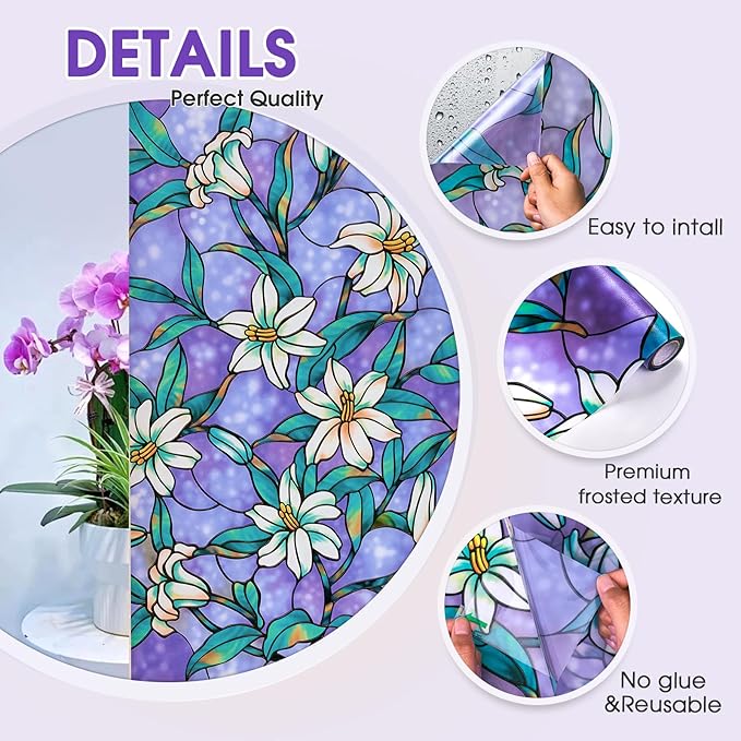 Coavas Decorative Window Privacy Film, Heat Control Sun Blocking Stained Glass Window Film, Floral Design Static Cling, Non Adhesive Windows Tint for Bathroom Front Door(Vinyl, 29.5" x 78.7 ")