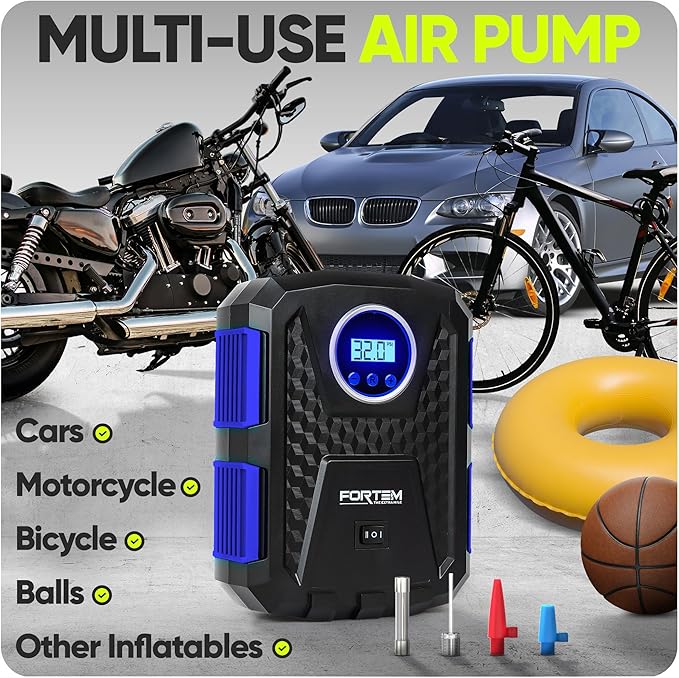 FORTEM Tire Inflator Portable Air Compressor, Air Pump for Car Tires and Bikes, Car Tire Pump w/Auto Shut Off, 150 PSI, 12V DC, LED Light, Carrying Case, for Men, Women