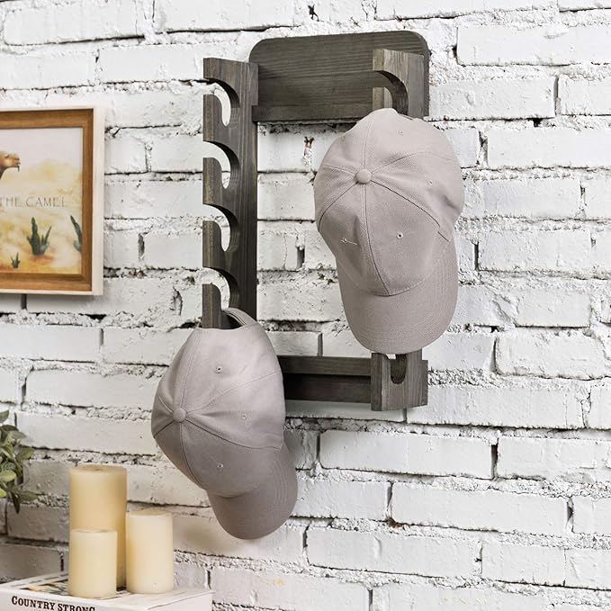 MyGift Hat Organizer for Baseball Caps, Wooden Vertical Hat Rack Wall Mounted with 10 Hooks, Rustic Gray Solid Wood Hanging H