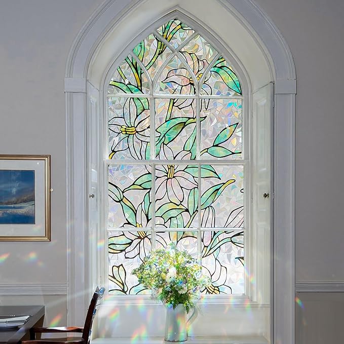 Coavas Static Cling Privacy Window Film, 96% UV & Heat Blocking, Stained Glass Window Film Floral Design, Non-Adhesive, for Bathroom, Front Door, Shower Enclosure‌(Vinyl, 23.6" x 78.7 ")