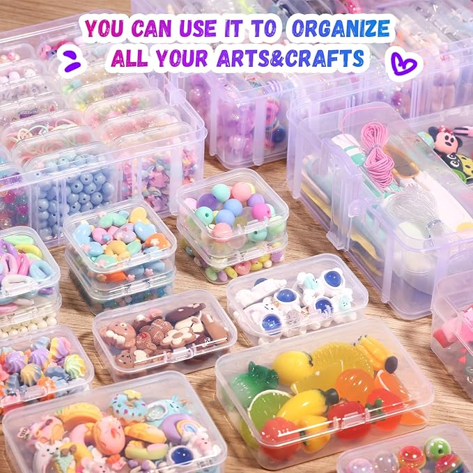 Funtopia Bead Organizers and Storage, 56 Pcs Small Plastic Containers with Lids and 3-Tier Stackable Storage Box, Mini Clear 