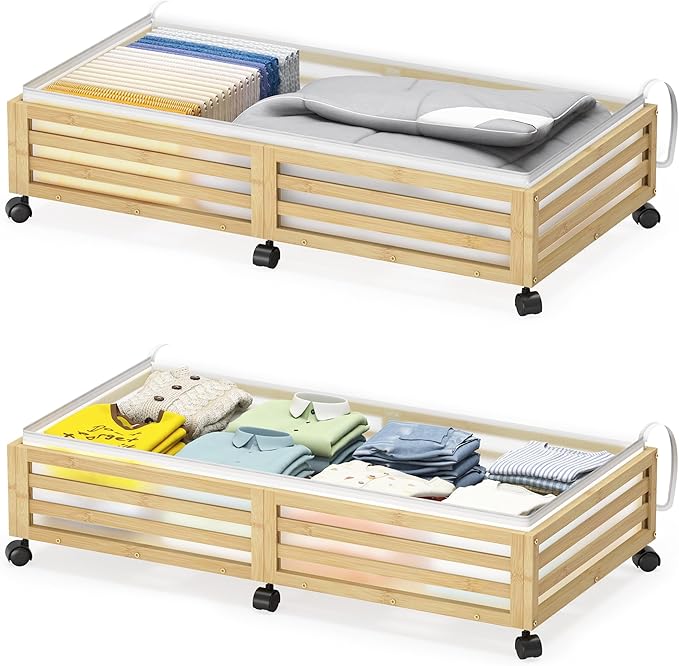 Under Bed Storage Containers With Wheels - 2 Pcs Large Bamboo Wood Rolling Underbed Shoe Storage Bins With Dust Bags for Clot