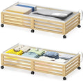 Under Bed Storage Containers With Wheels - 2 Pcs Large Bamboo Wood Rolling Underbed Shoe Storage Bins With Dust Bags for Clot