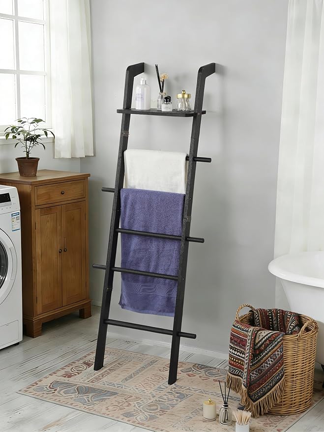 Taozun Black Blanket Ladder with Shelf for Living Room, 67-Inch Wooden 5-Tier Farmhouse Towels and Quilt Rack Decor - Wall Le