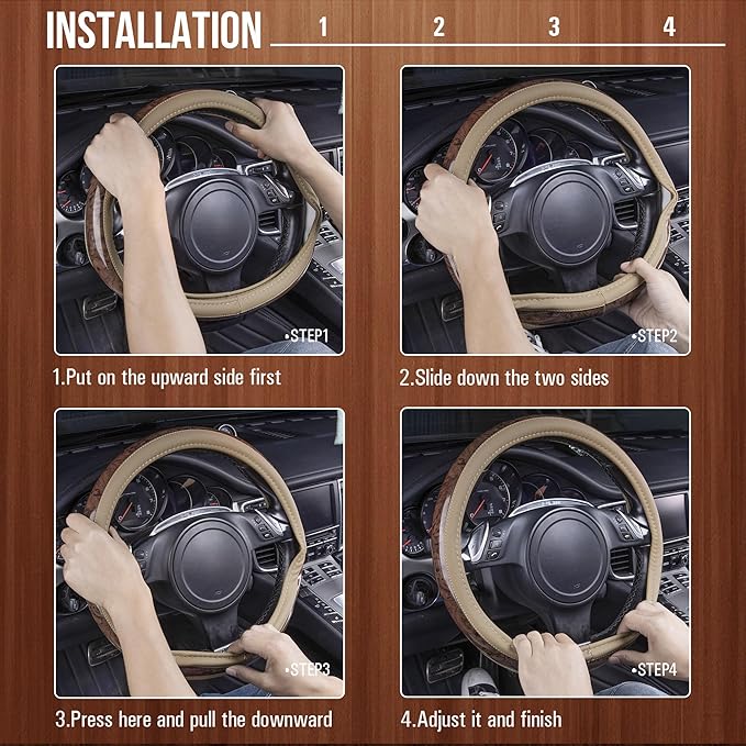 CAR PASS Wood Grain 14.5-15 inch Microfiber Leather Steering Wheel Cover, Anti-Slip Veins Design Steering Wheel Universal Fit