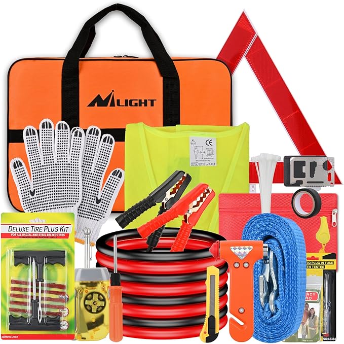 Nilight Car Emergency Kit with Jumper Cable Air Compressor Tire Repair Essential Tools First Aid Alligator Connector Electric