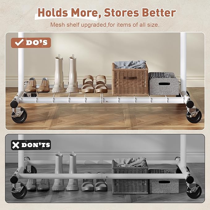 Raybee Clothing Rack for Hanging Clothes, Rolling Clothes Rack Load 250LBS, Metal Clothes Racks, Clothing Rack with Wheels Po