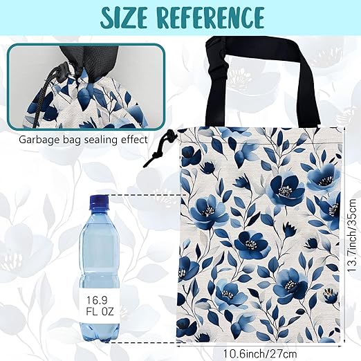 Car Trash Bag Watercolor Blue Flowers Leak-Proof Car Garbage Bag with Drawstring Foldable Canvas Trash Bin with Adjustable Buckle for Car Accessories