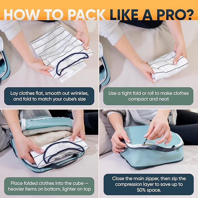 TRIPPED XL Compression Packing Cubes — 7-Piece Set for Checked Luggage | Extra-Large (15.7"×11"×4") + Large + Small + Tube + 