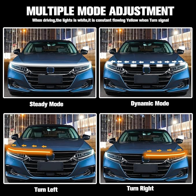 JMTBNO 94" Car LED Hood Light Strip,Dual Color Dynamic Scan Start Up Hood light Exterior,Daytime Running Lights White&Amber Switchback Sequential Turn Signal Lights