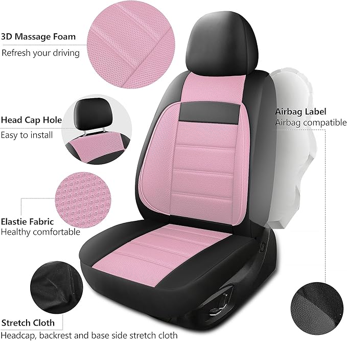 Leather 3D Foam Back Support Pink Car Seat Covers Full Set, Air Mesh Automotive Seat Covers, All Season Car Seat Cover Fit Au