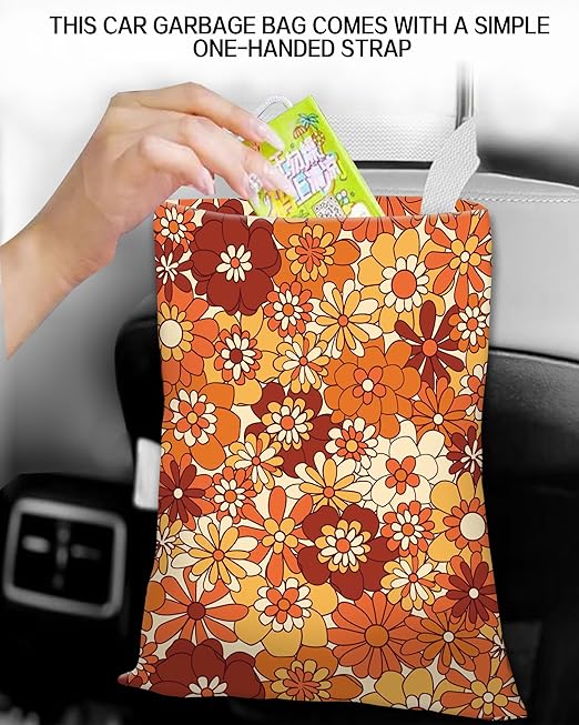Car Trash Can, Durable Hanging Car Trash Garbage Bag, Cute Automotive Garbage Cans Organizer, Boho Orange Flowers