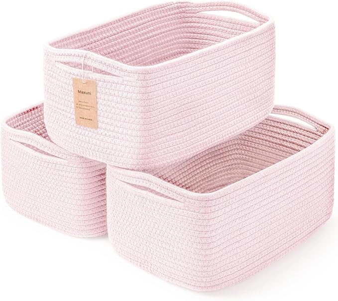 3-Pack Storage Baskets for Organizing | Woven Shelf Toy Basket | Rope Baskets for Gifts Empty | Closet Organizer Bins with Ha