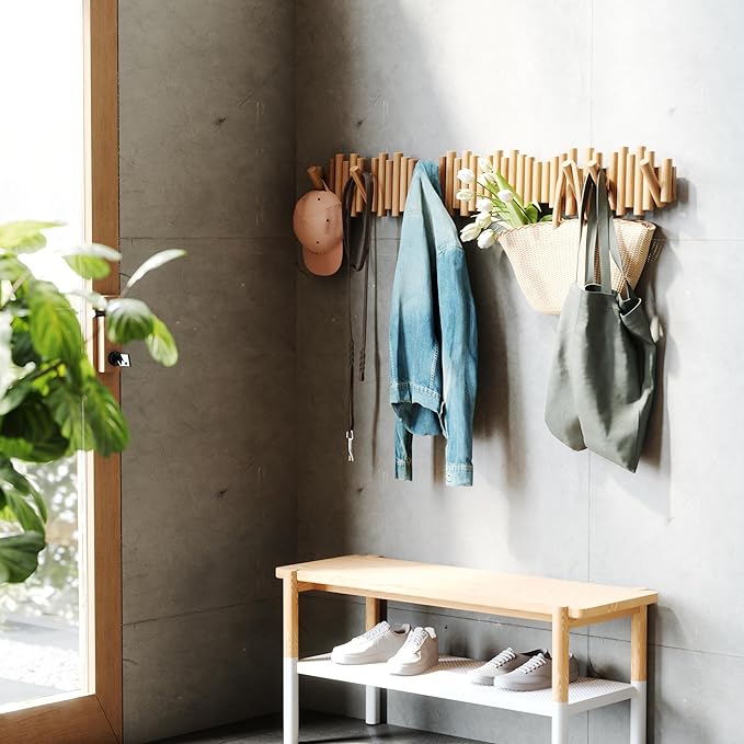 Umbra Picket Wall-Mounted Coat Rack Rail Hook with 5 Retractable Wood Pegs – Modern, Space-Saving Storage Organizer, Natural 