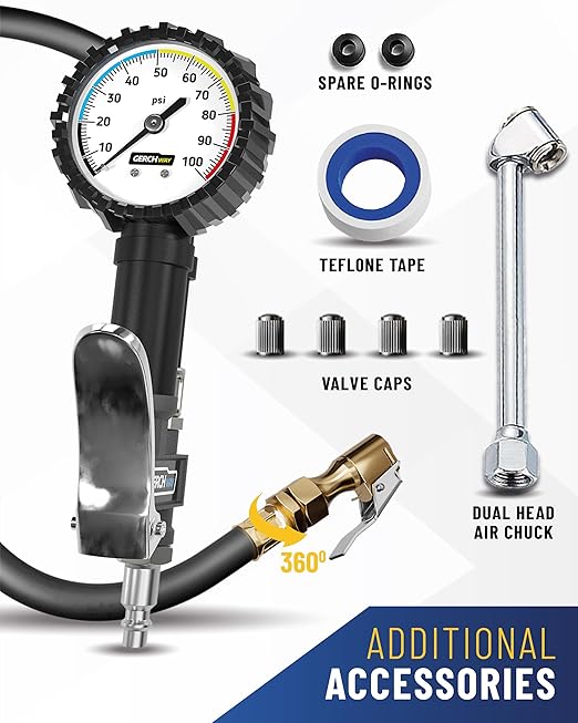 Tire Inflator with Pressure Gauge and Longer Hose - Most Accurate, Heavy Duty Air Chuck with Gauge for Air Compressor Tire Inflator Attachment - 100PSI