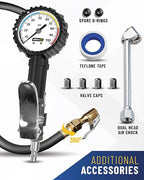 Tire Inflator with Pressure Gauge and Longer Hose - Most Accurate, Heavy Duty Air Chuck with Gauge for Air Compressor Tire Inflator Attachment - 100PSI