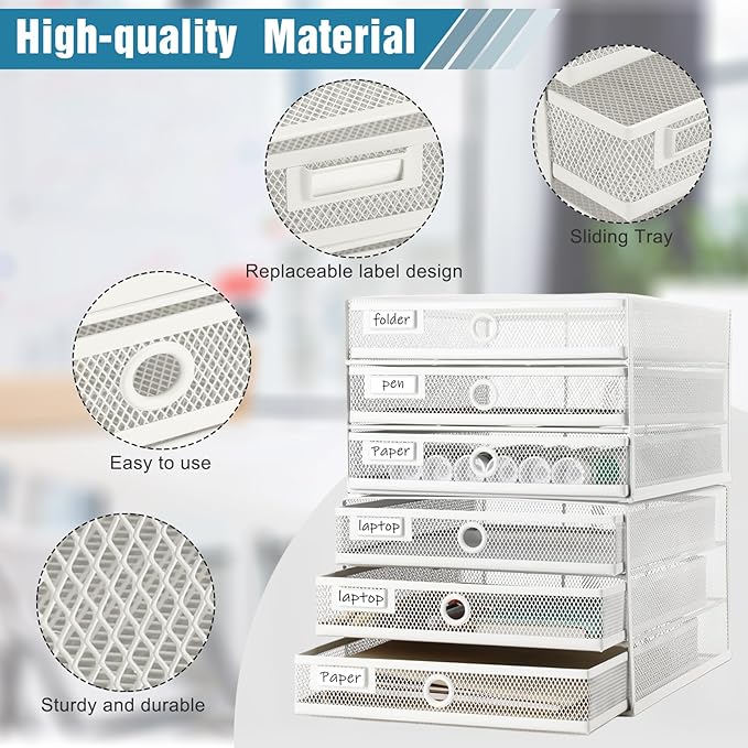 Zhanmai 2 Pack White Desk Organizer with Drawer Total Wire Mesh Storage Tray Multifunctional Paper Sorter File Stand for Home
