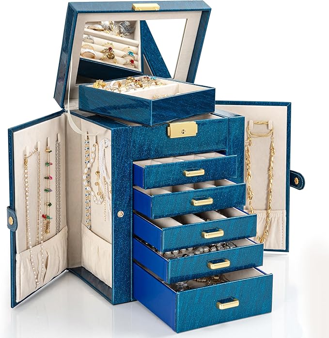 AKOZLIN 6-Tier Jewelry Box Lockable Leather Jewelry Storage Case with 5 Drawers for Women Girls Ring Necklace Earring Bracele