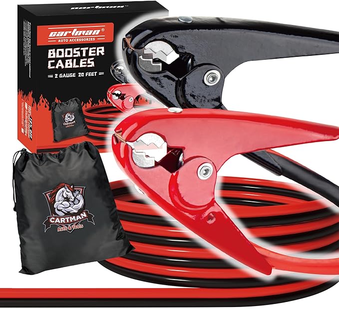 CARTMAN 2 Gauge 20Feet Jumper Cable for Car, Heavy Duty Booster Cables with Carry Bag
