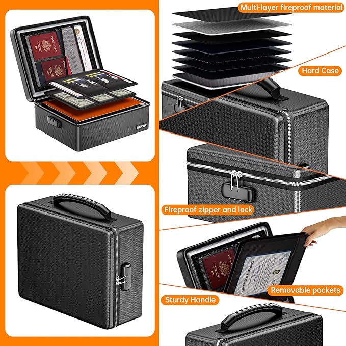 ENGPOW Fireproof Document Box with Lock, Fireproof Water Resistant Heat Insulated Safe Box Hard Case with Fireproof Zipper, P