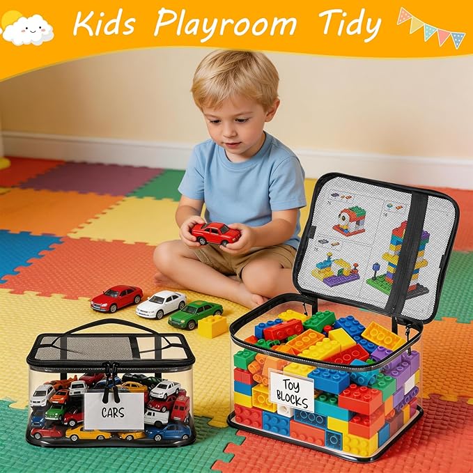 6 Pack Toy Storage Bags, Clear Toy Organizer with Labels, Waterproof PVC Toy Organization and Storage for Building Blocks, Pu