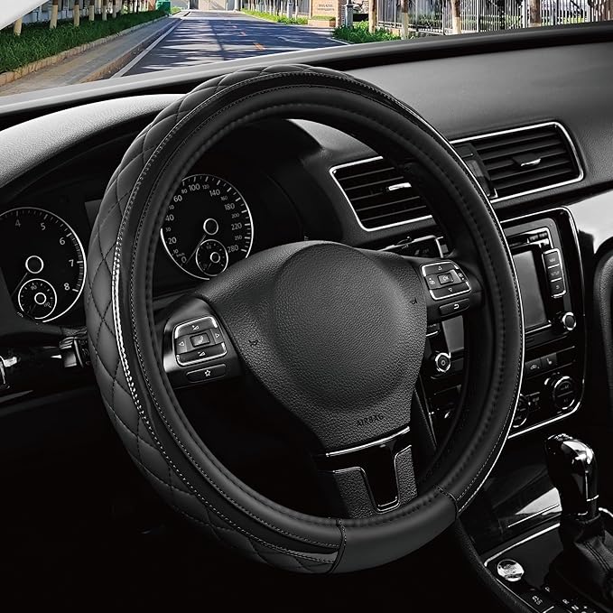 Road Comforts Leather Steering Wheel Cover – Black & Black, Universal Fit 14.5-15 Inch, Microfiber Leather, Anti-Slip & Breat