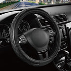 Road Comforts Leather Steering Wheel Cover – Black & Black, Universal Fit 14.5-15 Inch, Microfiber Leather, Anti-Slip & Breat