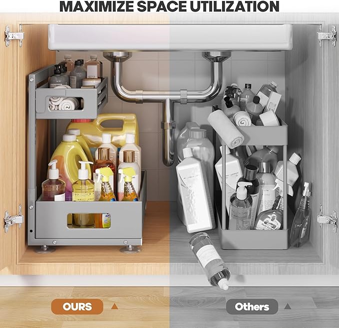 2 Pack Under Sink Organizer,Pull Out Cabinet Organizer With Smooth Cylindrical Rail,Metal Slide Out Drawer for Kitchen Bathro