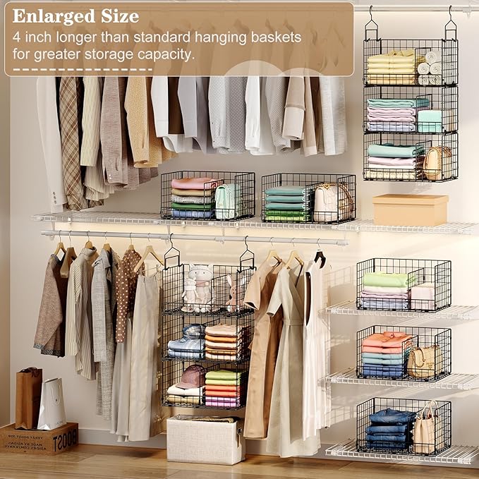 Sonyabecca 3-Tier Extra Large Closet Hanging Organizer with Dividers, Clothes Hanging Shelves with 2 Hanging Hooks & 5 S-Hook
