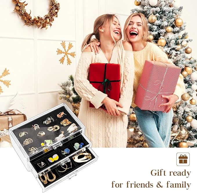 ProCase Earring Holder Organizer Jewelry Box with 3 Drawers, Acrylic Clear Earring Case with Adjustable Velvet Trays for Wome