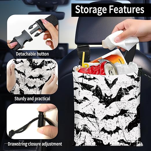 Car Trash Bag Large Hanging Can for Back of Seat, Cute Waterproof Car Garbage Bag for Vehicle, Travelling, Outdoor Cool Black Bats