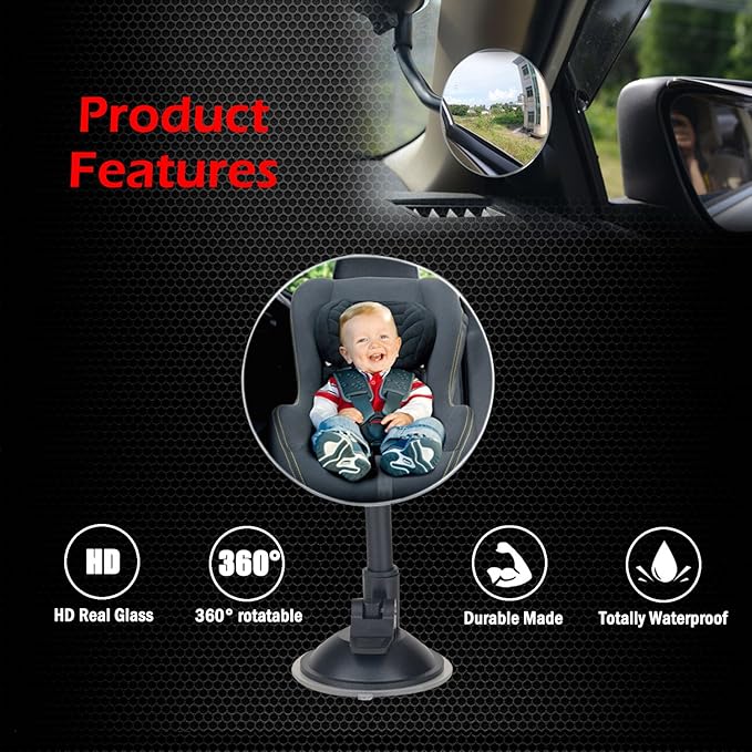 Suction Cup Car Baby Mirror, Ampper Adjustabe Long Arm HD Glass Convex Wide Angle Interior Rearview Baby Rear Facing Mirror (Frameless Round, 3.35")