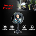 Suction Cup Car Baby Mirror, Ampper Adjustabe Long Arm HD Glass Convex Wide Angle Interior Rearview Baby Rear Facing Mirror (Frameless Round, 3.35")