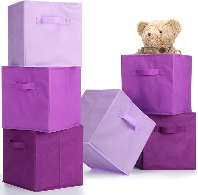 Karenhi 11" x 10.5" x 10.5" Purple Storage Cube, 6 Pack Fabric Cube Storage Bins Organizer Box, Collapsible Baskets with Hand