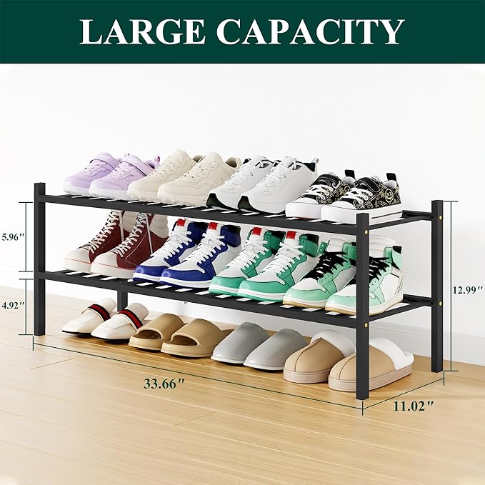 Smiry Shoe Rack, 2 Tier Long Bamboo Shoe Organizer, Stackable Free Standing Wooden Shoe Storage Shelf for Closet, Entryway, F