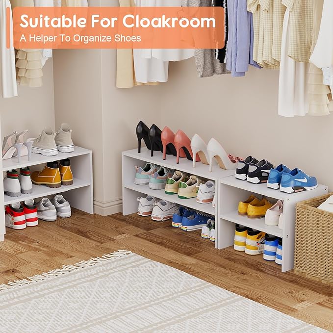 2 Pack Expandable White Shoe Rack Organizer for Closet, 2-Tier Stackable Shoe Storage Shelf, Small Iron Wood Combination Shoe