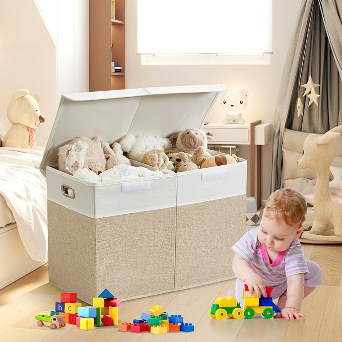 Large Toy Storage Box with Lid, Collapsible Toys Storage Organizer Bins with Dividers and Handles, Storage Chest Bin for Kids