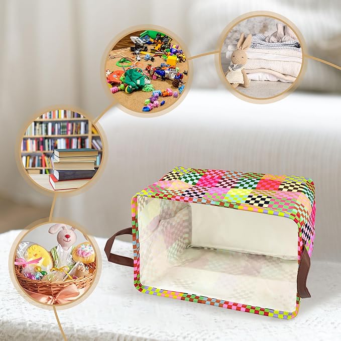 Colorful Checkered Storage Basket Waterproof Canvas Toy Storage Bin Checkered Home Decor Collapsible Outdoor Basket with Leat