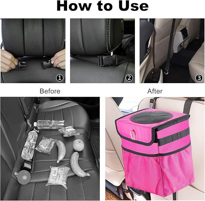 Car Trash Can Foldable Garbage Bin Leakproof 2.3 Gallons Car Trash Bag Pink