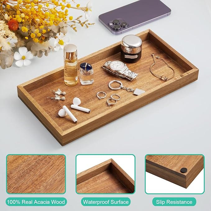 ALELION 13" Bathroom Vanity Tray for Counter - Acacia Wood Decorative Tray for Toilet Tank Makeup Perfume Jewelry Catchall Co