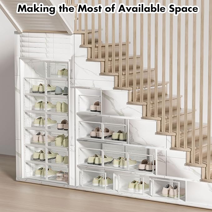 Foluck Shoe Storage Box, 15 Pack Clear Plastic Stackable Shoe Organizer for Closet, Interlocking Design Shoe Container Bins f