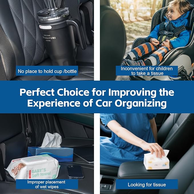 Multifunctional Car Tissue Holder,Back Seat Organizer with Cup Holder,PU Leather Car Headrest Seat Back Storage,Snack Organizers for Kids,Large Tissue Box Cover Fit Kleenex Tissues(50-230ct)