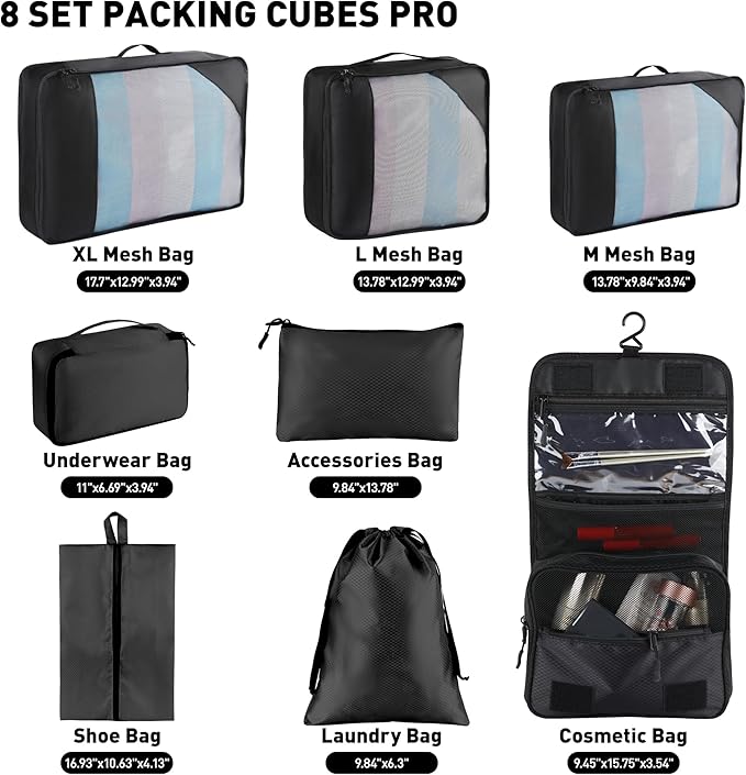 Toncoke 8-Piece Packing Cubes for Travel, Mesh Luggage Organizers with Shoe Bag, Toiletry Bag, Laundry Pouches, 4 Sizes (XL/L