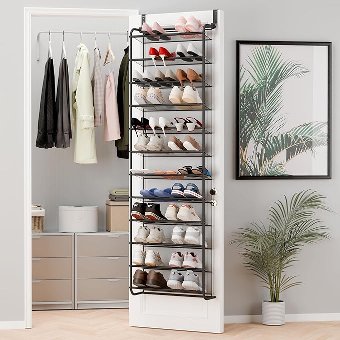 Whitmor 36 Pair Over The Door Shoe Organizer, 12 Tier Hanging Shoe Organizer, Heavy Duty Metal & Mesh Shoe Holder, Hanging Sh