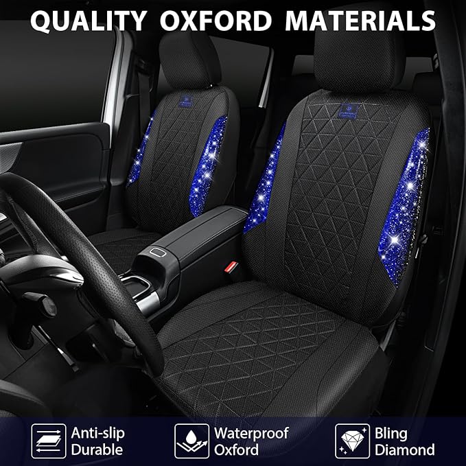 CAR PASS Oxford Bling Diamond Car Seat Covers 2 Front Interior Sets, Waterproof Shining Glitter Sparkly Crystal Universal Arm