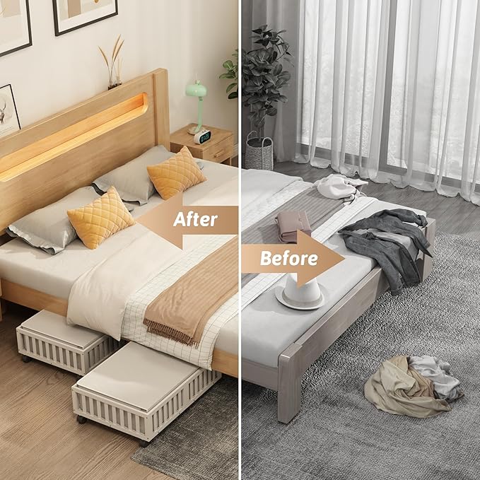Bamboo Under Bed Storage Containers with Wheels, 2 Pack Under the Bed Shoe Storage Bins, Wood Rolling Underbed Drawers Organi