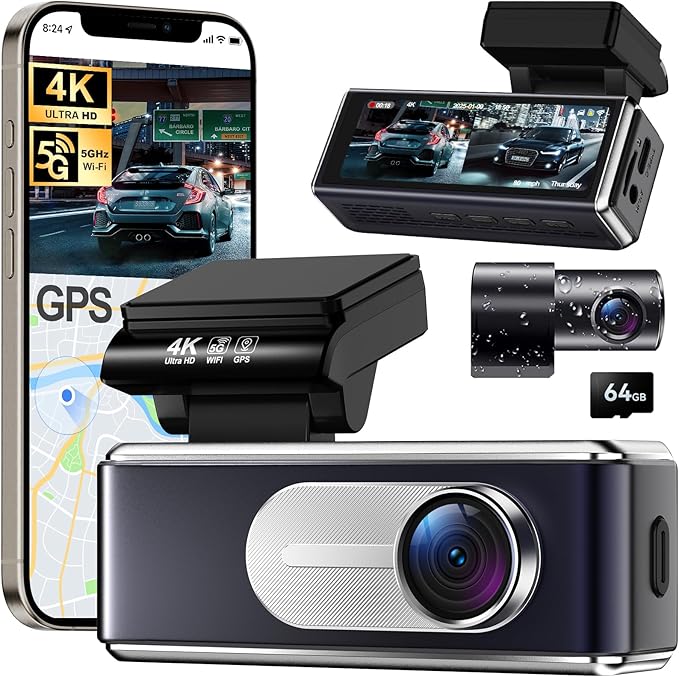 Dash Cam Front and Rear - 4K HD Dual Dash Camera for Cars, Built-in 5G WiFi GPS, 64GB Card, Dashcam with 3.2" IPS Screen, UHD