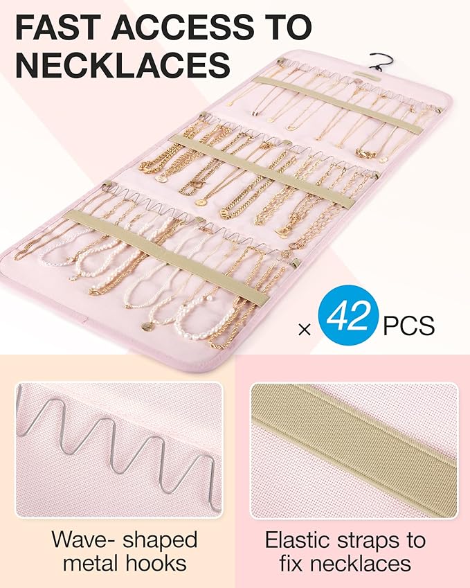 BAGSMART Hanging Jewelry Organizer Storage Roll with Hanger Metal Hooks Double-Sided Jewelry Holder for Earrings, Necklaces, 