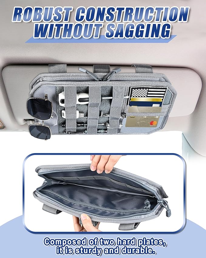 Heavy Duty Molle Car Sun Visor Organizer Tactical Pounch with Flag and Glasses Clip Store Your Daily Items for Most Cars, Trucks, SUVs, Compacts, 12.8"x6.9"x1.2" (Gray)