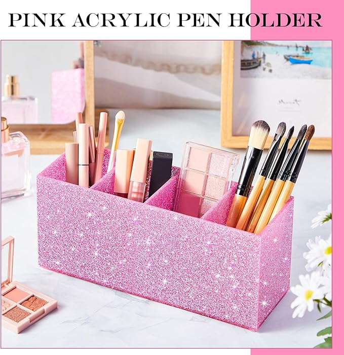 Jetec Acrylic Glitter Pen Holder 4 Compartments Bling Makeup Brush Stationery Organizer Pencil Holder for Desk Accessories Sp